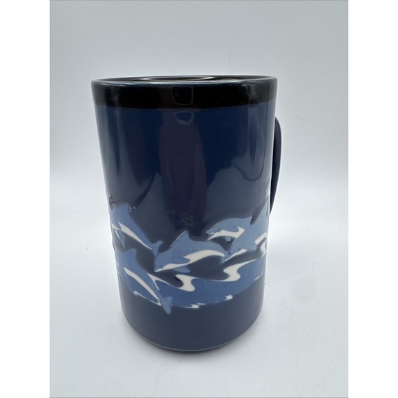 Vtg 70s Otagiri Coffee Mug Cup Blue Dolphins Riding Waves Coastal Nautical Large - Picture 3 of 8